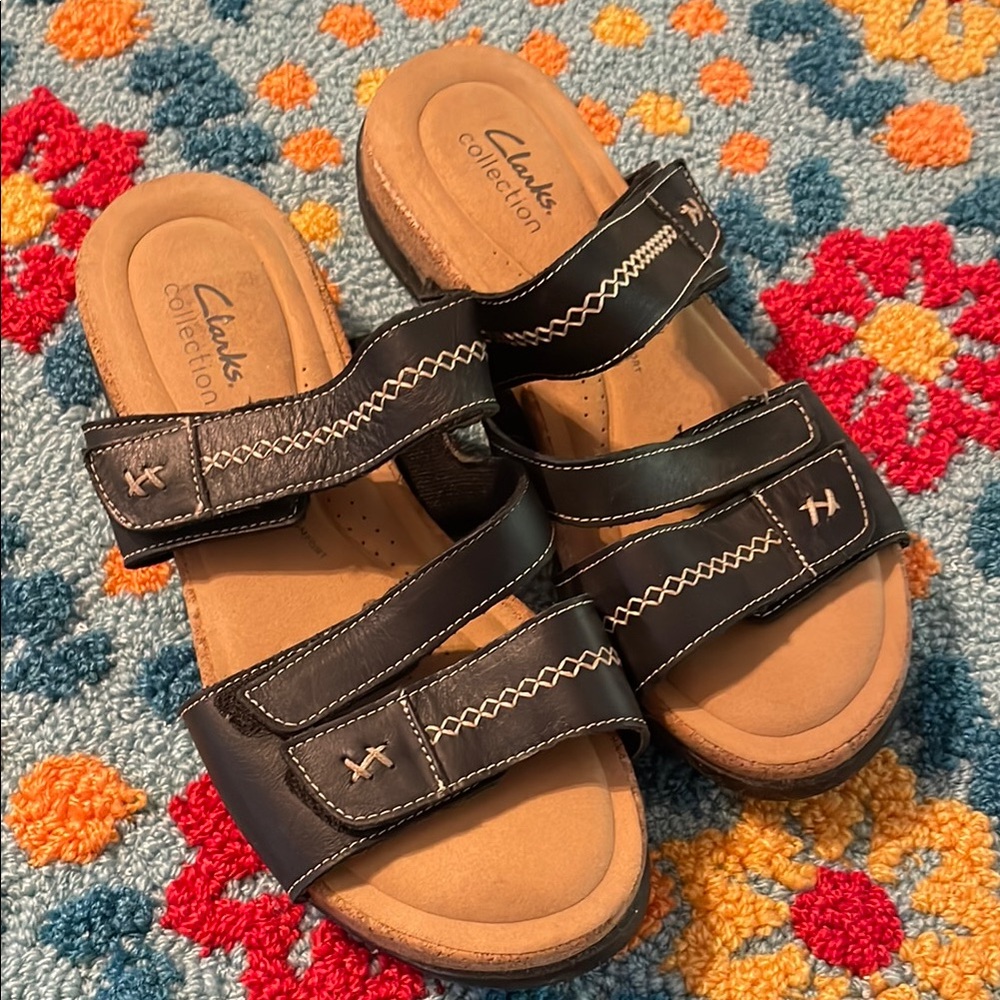 Clarks Black Leather Triple-Strap Slide Sandals